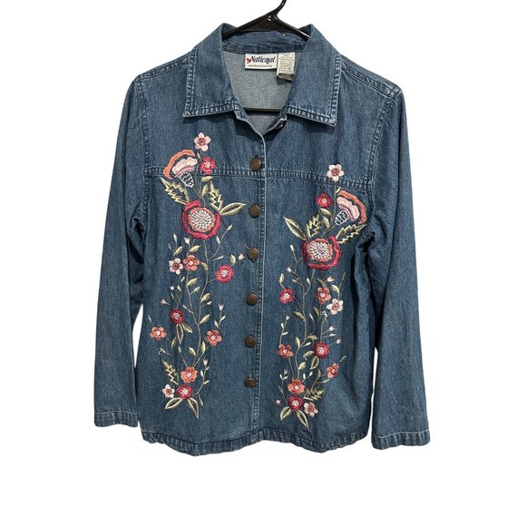 Vintage National Womens Embroidered Denim Button Up Jacket Floral Design Sz 8 - Picture 1 of 8